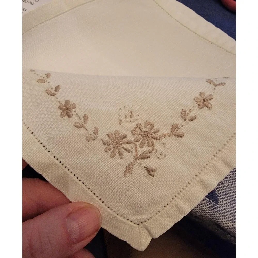 Vintage Set of Linen Napkins with Floral Embroidery and Hemstitching